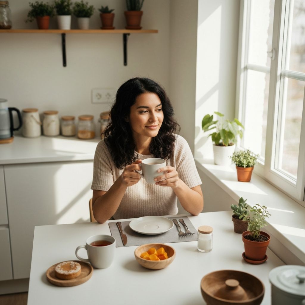 Person enjoying a morning routine with tea and natural light in a bright kitchen